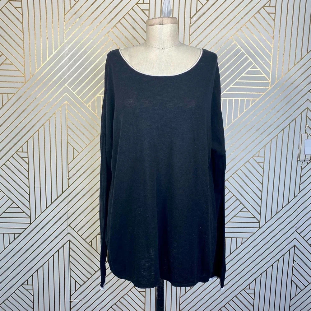 Vince Black Cotton White Trim Scoop Neck‎ Sweater